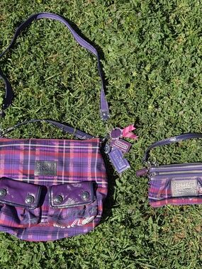 COACH VINTAGE POPPY PURPLE TARTAN PLAID SOHO Shoulder Bag + Ltd Wristlet Set